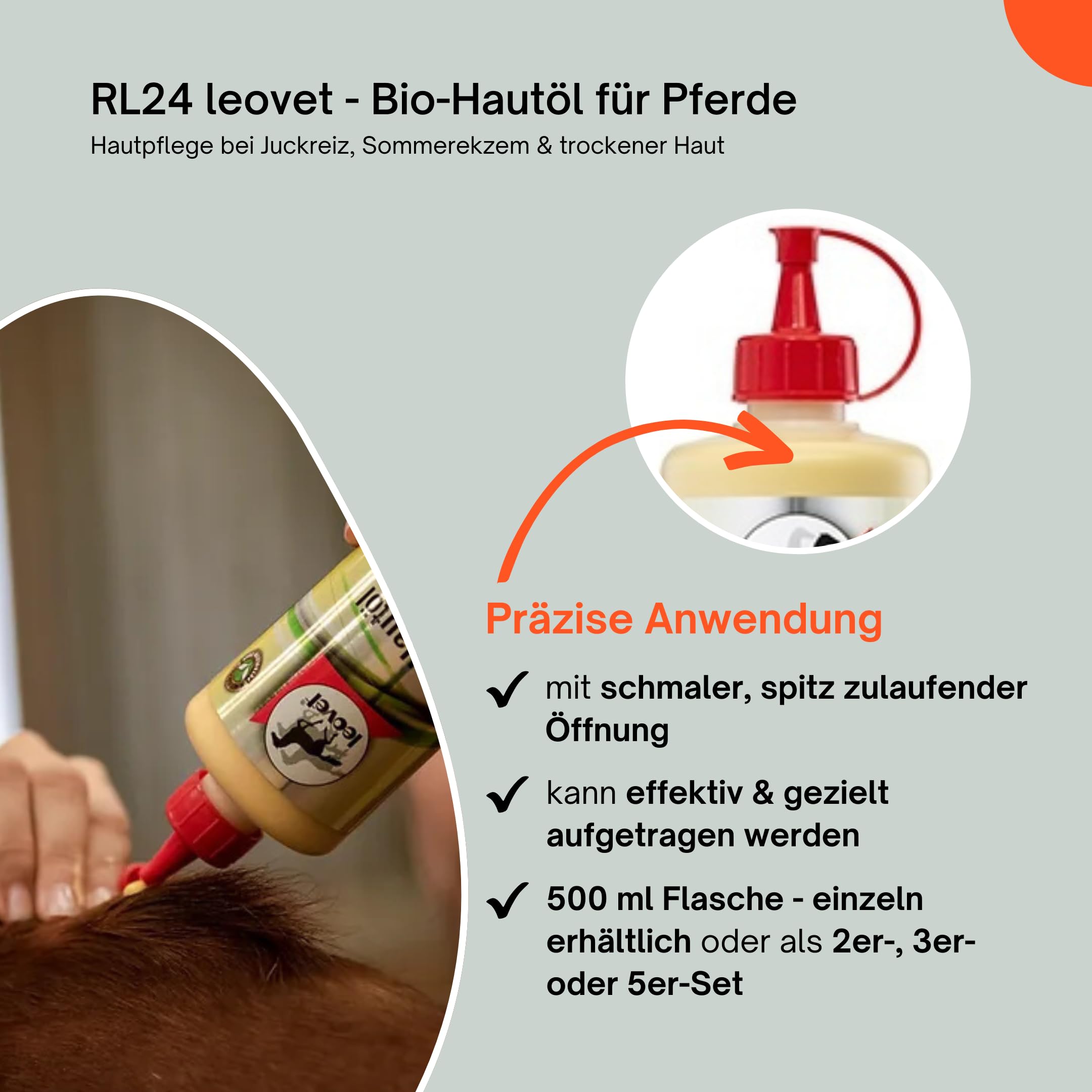 RL24 leovet - Bio-Hautöl für Pferde | Hautpflege bei Juckreiz, Sommerekzem & trockener Haut | Pflegelotion für Kräftigung der Haut | Hautlotion mit Bio-Schwefelfluid | 1 x 500 ml
