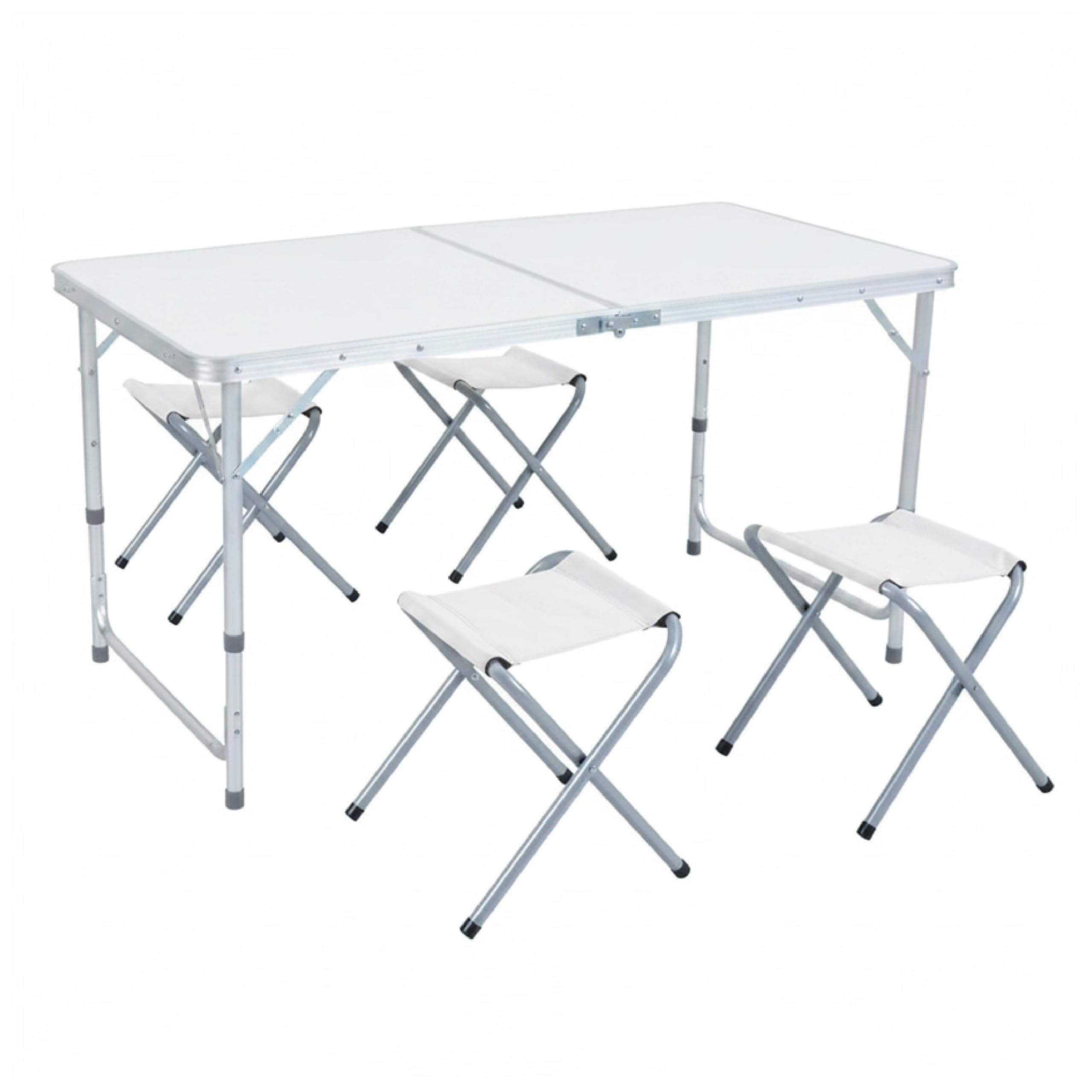 Baroni Home Mesa plegable de camping, mesa portátil plegable de aluminio con tablero de fibra de densidad media, ligera, ideal para camping, playa, picnic y al aire libre (mesa blanca 120 cm + sillas)
