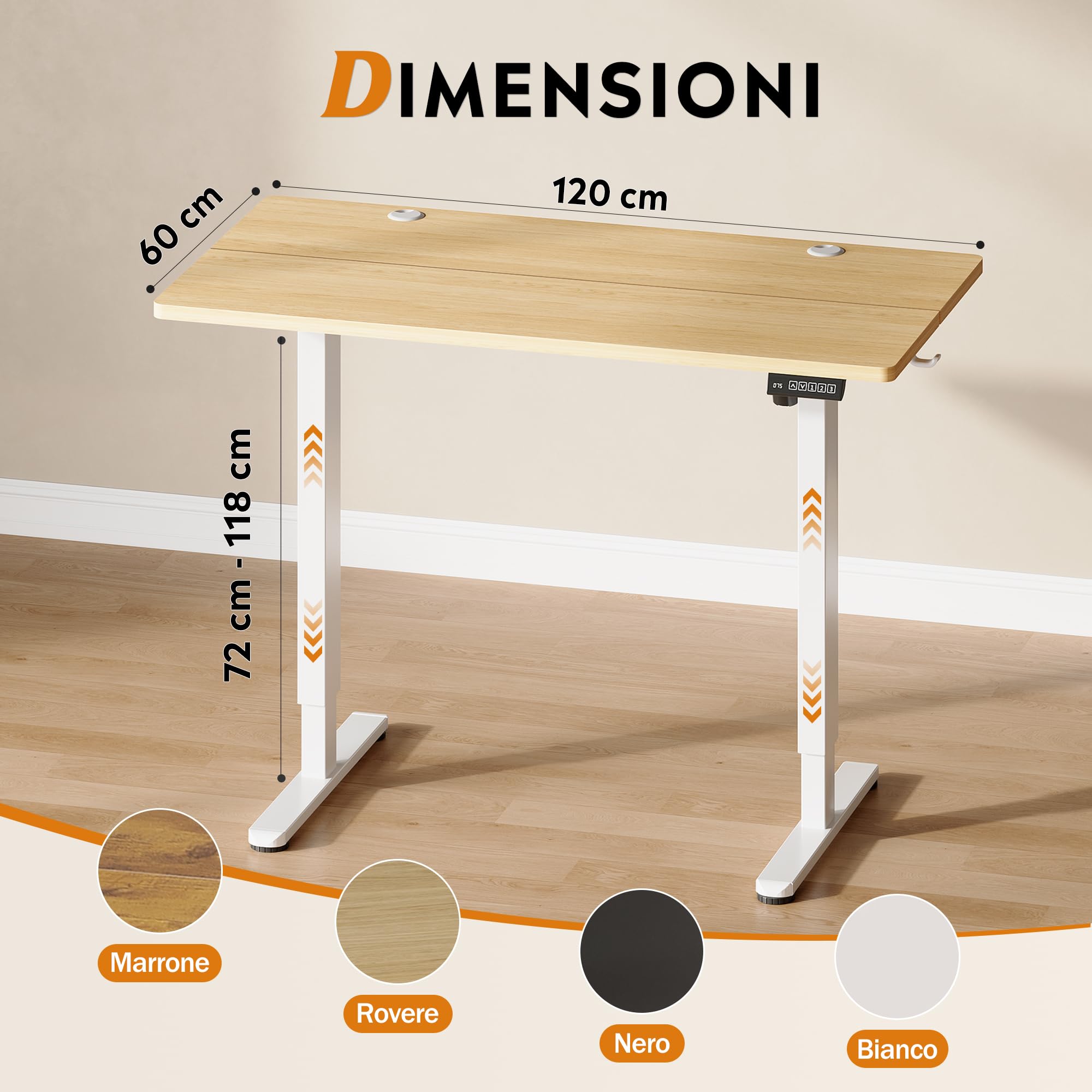 DEVAISE Scrivania Regolabile in Altezza Elettrica 120x60 cm, Scrivania Ufficio Ergonomica con Piano a 2 Sezioni, Funzione Memoria e Sistema Anticollisione, Altezza 72-118 cm,Rovere