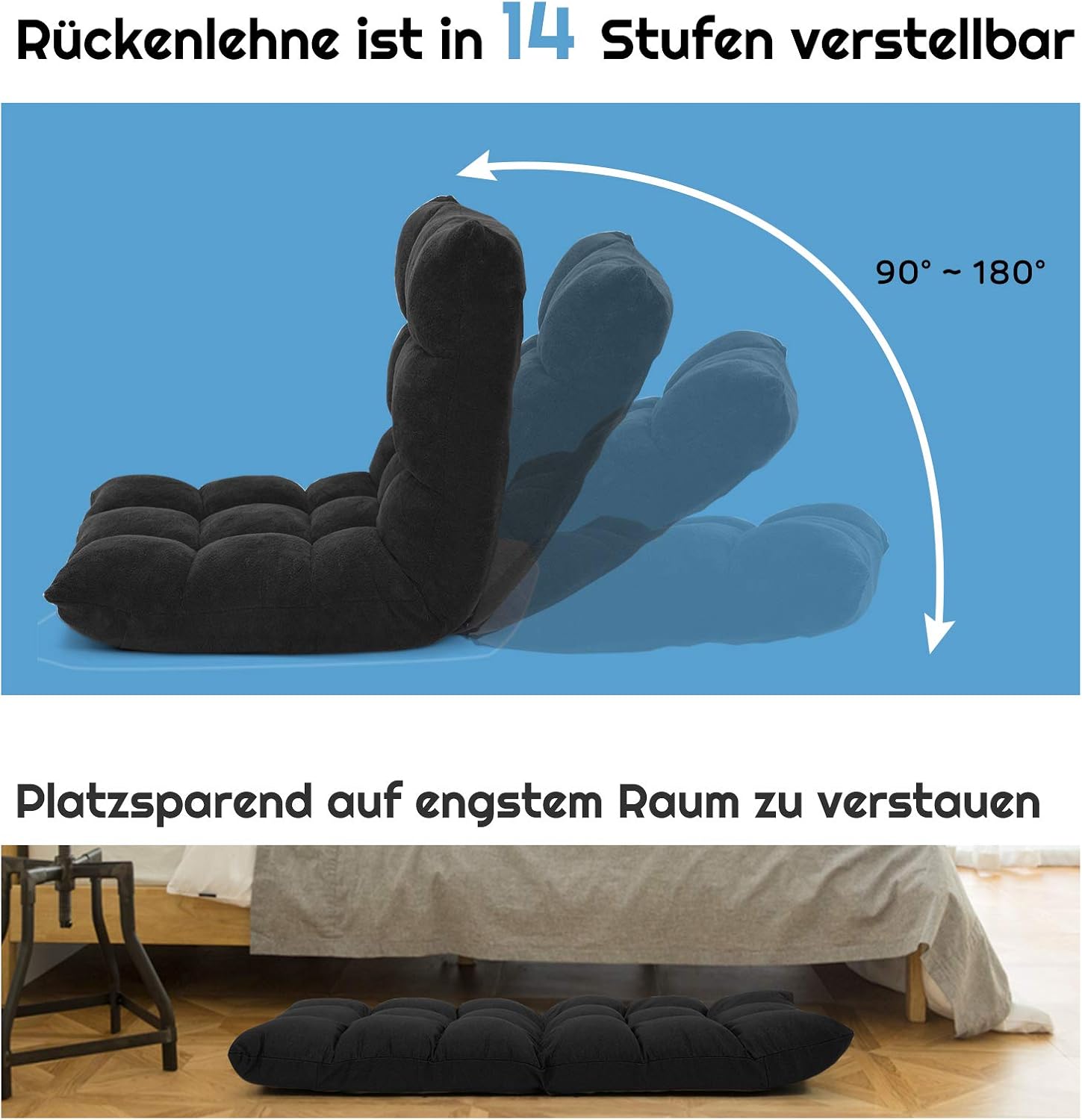 Diagram showing 14-position backrest adjustment from 90 to 180 degrees