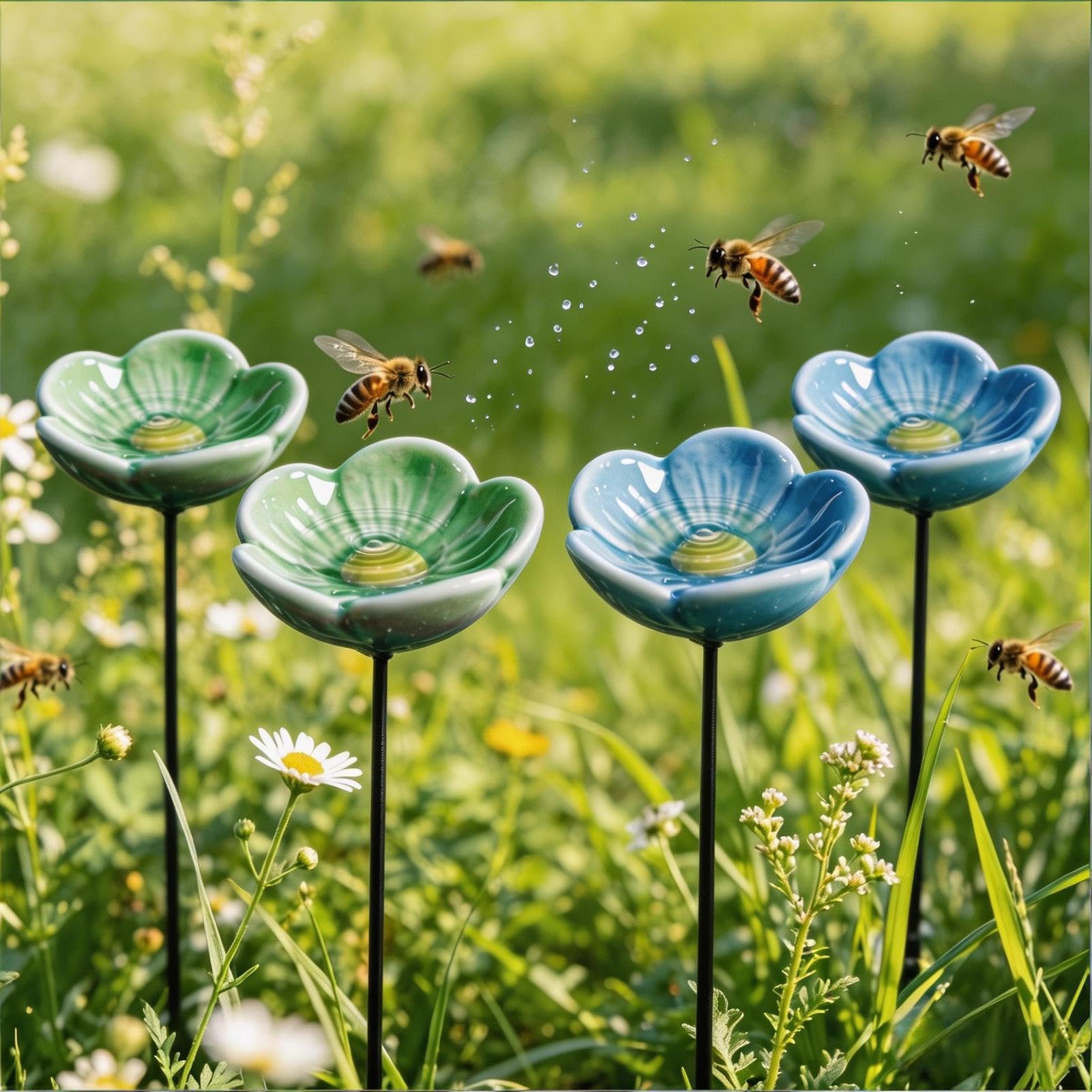 Bienentränke für den Garten, 4Stk Insektentränke Garten, 21CM Handgefertigte Blumen Keramik Bienentränke Balkon, 2026 Neue Blumen Gartenstecker Insektentränke für Gartenzubehör Deko