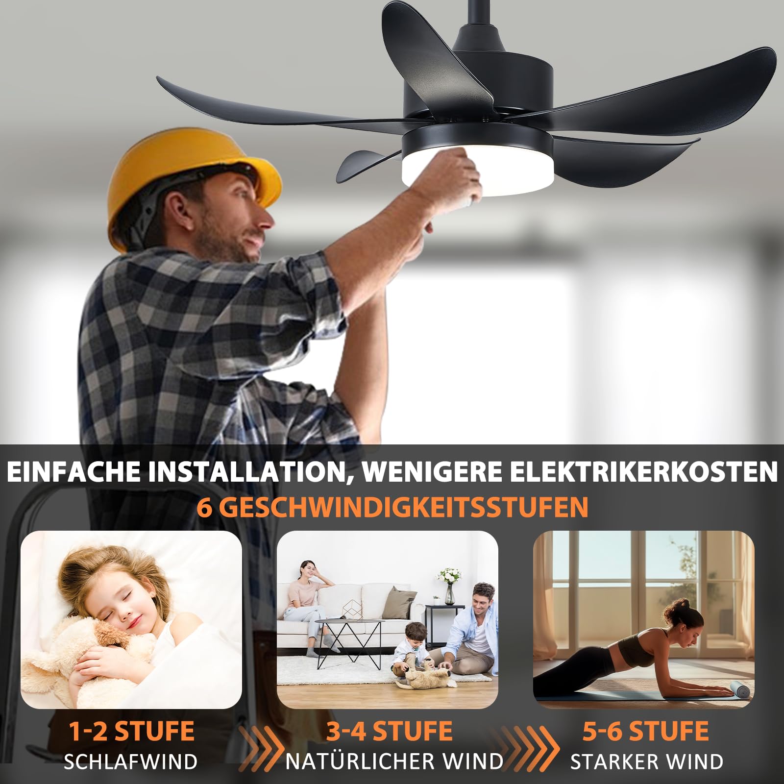 Smarter 76cm Deckenventilator Schwarz mit Beleuchtung & Fernbedienung, umkehrbarer Lauf, geräuschlos, 6 Stufen + Timer. Geeignet für Schlafzimmer, Wohnzimmer, Küche, Innenräume und Terrassen.