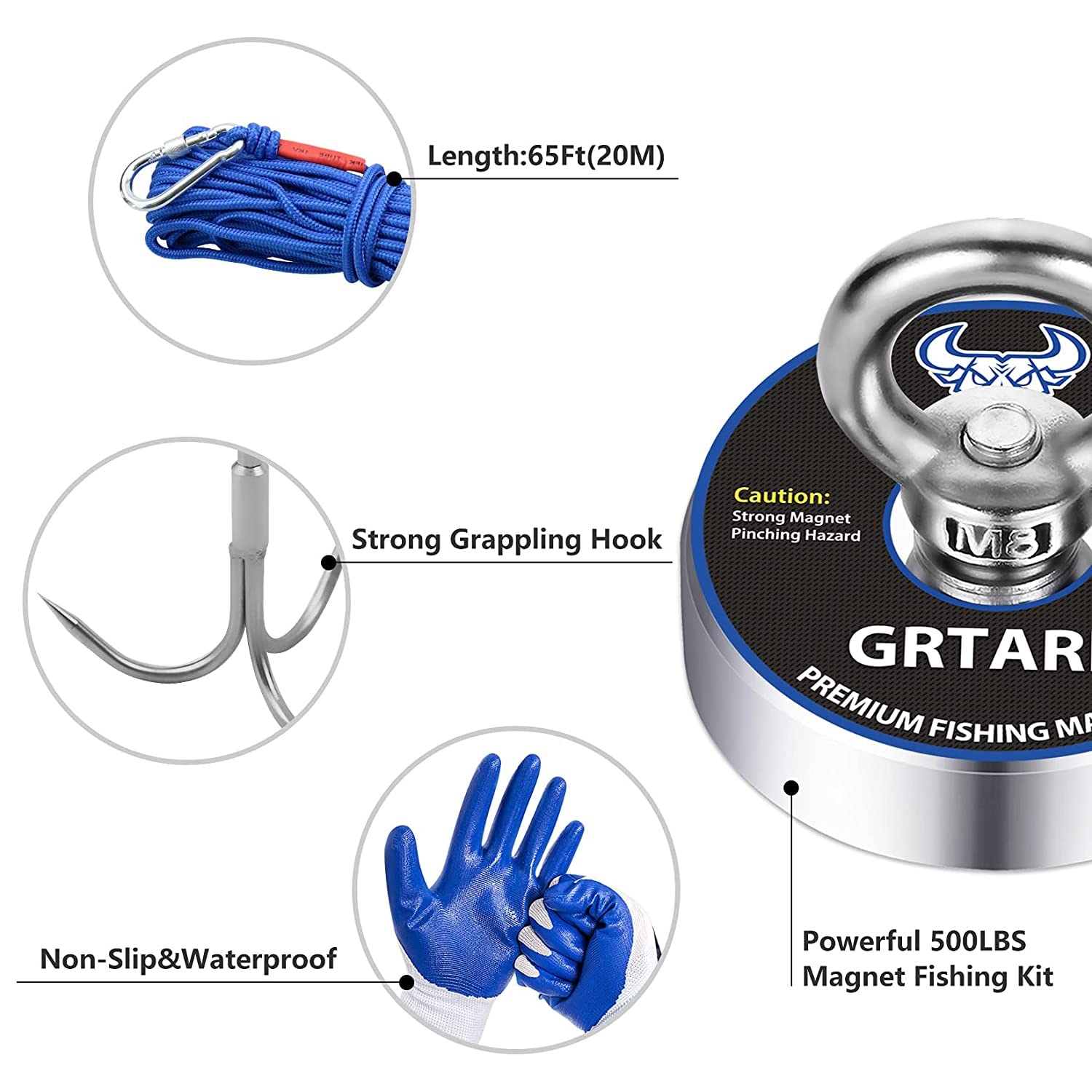 Magnet Fishing, kit da pesca magnetico da 226,8 kg, magnete da pesca resistente, corda da 19,8 m, gancio, guanti e moschettone di bloccaggio, blocco filettatura, diametro 6 cm