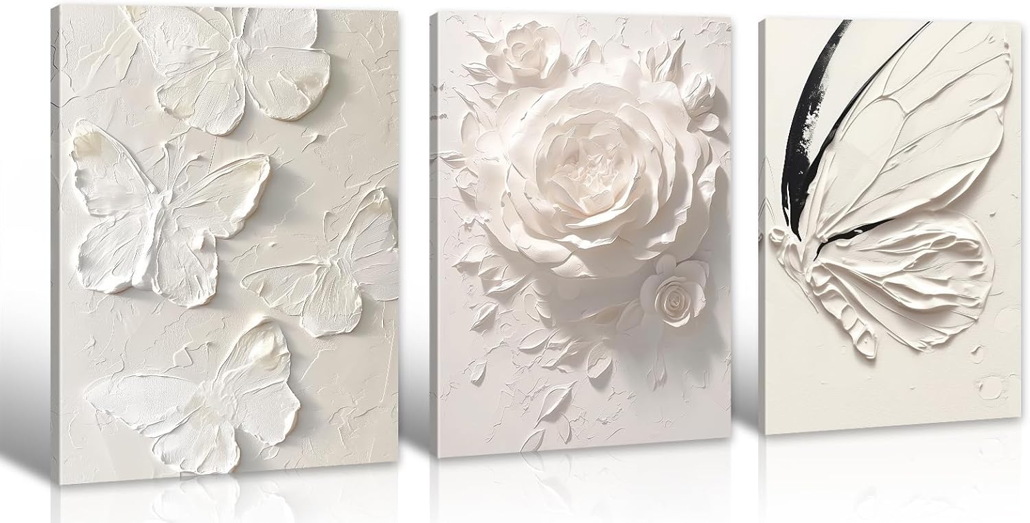 JiazuGo White Pink Butterfly Wall Decor - Modren Butterfly Flower Nursery Canvas Wall Art Contemporary Abstract Art Oil Painting Prints Bathroom Bedroom Home Decorations 12" X 16" X 3 Pieces