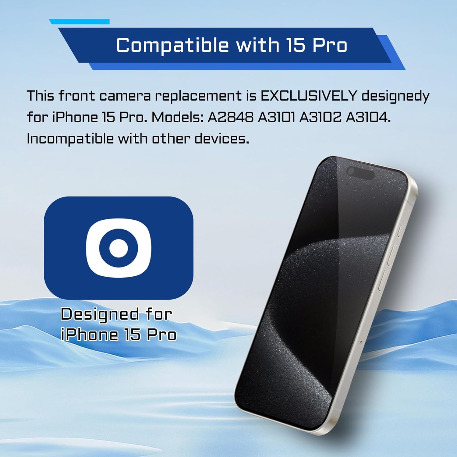 for iPhone 15 Pro Front Facing Camera Replacement Selfie Camera 15pro OEM 12MP Front Camera Flex Cable Module Proximity Sensor Repair with Fix Tools Kit A3102 A2848 A3101 A3104