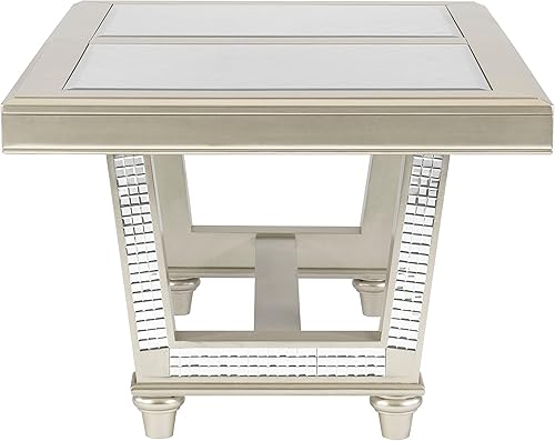 Miniatura 7 de Juego de mesa de comedor tradicional con acabado champán de 7 piezas con inserto de cristal 6 sillas laterales copetudas con respaldo copetudo