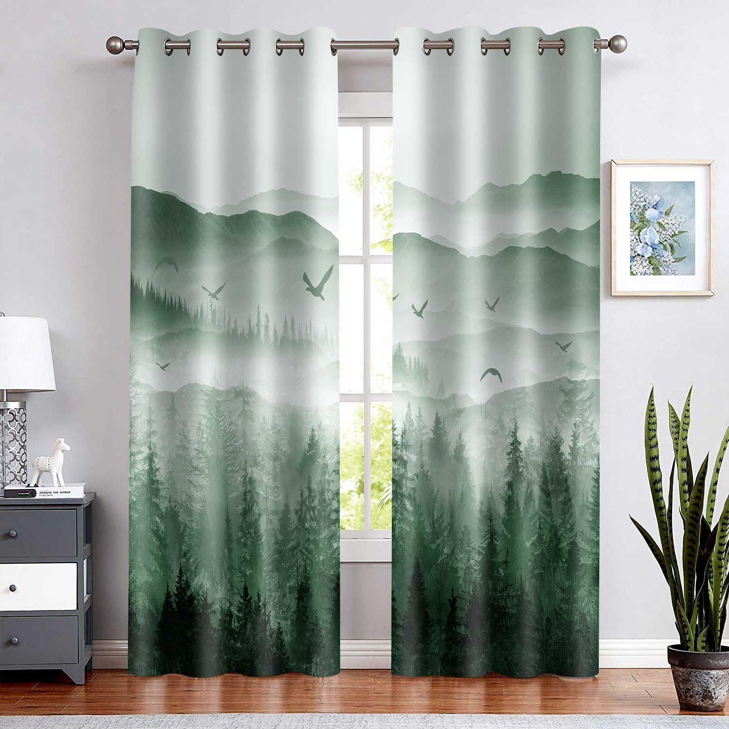 BSPPTI Foggy Forest Curtains for Bedroom 42x84inch Natural Landscape Window Curtain Green Mist Mountain Blackout Curtains Insulated Room Darkening Window Drapes for Living Room 2 Panels