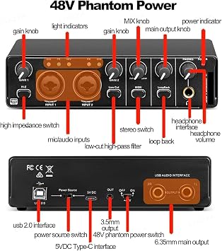 USB Audio Interface, 24-bit/192kHz Mixer with Microphone Preamplifier for Live Streaming, Recording, and Audiobook Production