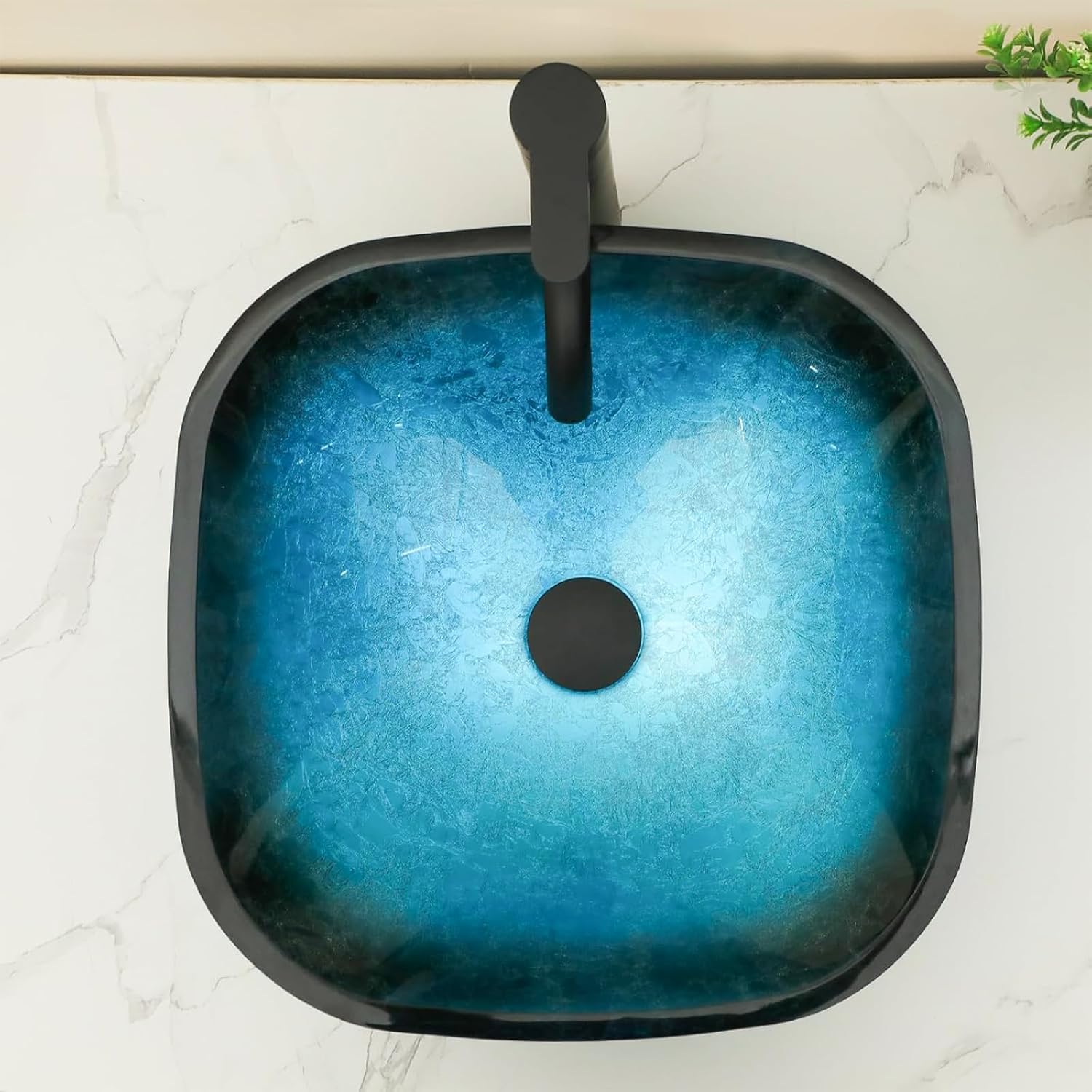 Kichae Square Glass Vessel Sink - 16" x 16" Tempered Glass Bathroom Vessel Sink for Bathroom Vanity, Blue Above Counter Art Basin