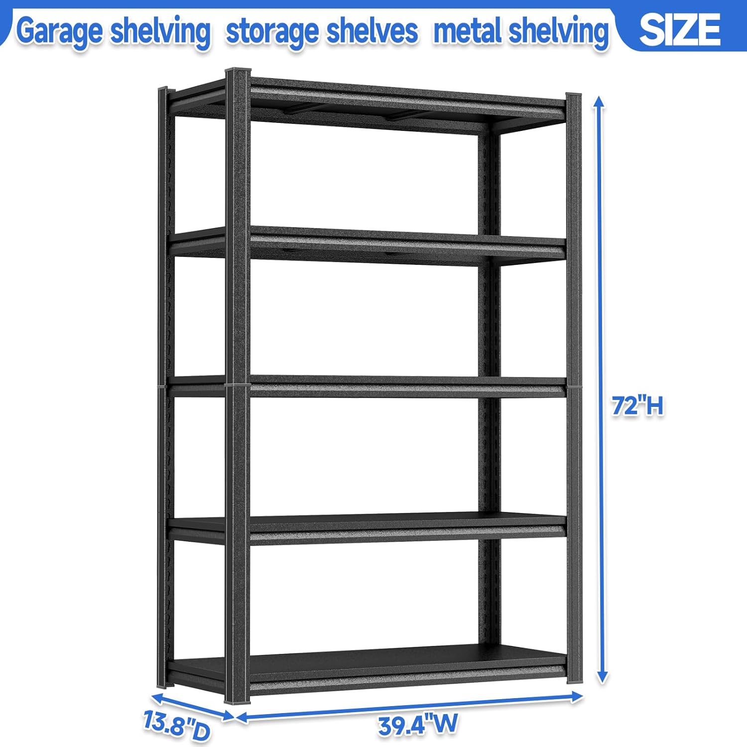 72"H-40"W Garage Shelving Heavy Duty 3000LBS Storage Shelves Adjustable Metal Shelve 5 tier shelving Unit Metal Storage Rack for Basement, Warehouse, Pantry, Closet, Kitchen, 72"H×39.4"W×13.8"D, Black