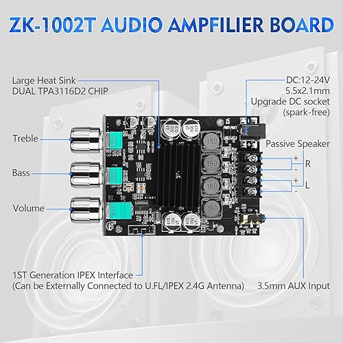 Miniatura 2 de ZK 1002T Bluetooth 5.0 Amplificador, 2 x 100 vatios amplificador con chip TPA3116D2, amplificador estéreo 2.0 canal con control de agudos y graves