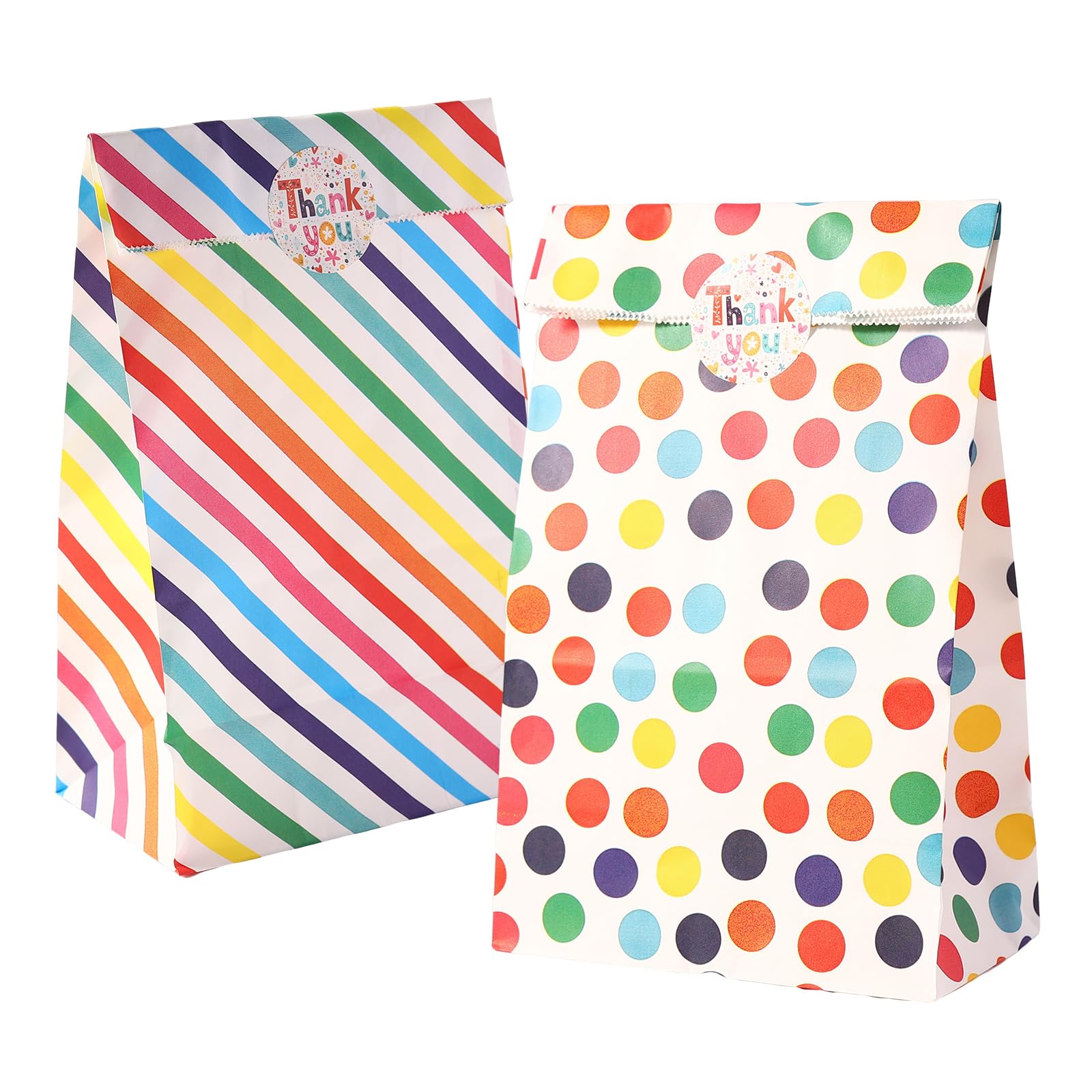 24PCS Paper Party Bags Goodie Bags Goody Bags for Kids Birthday with 24PCS Stickers, Rainbow Party Gift Bags Candy Bags Treat Bags for Baby Shower (Stripe & Dot)