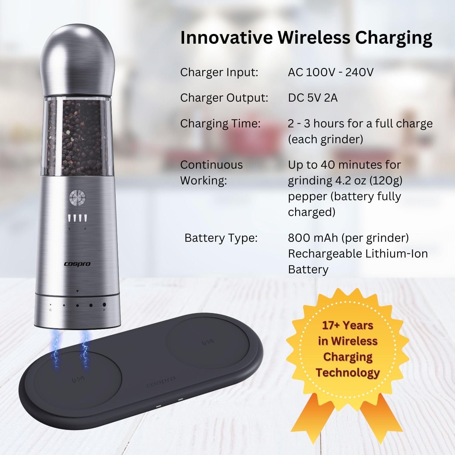 COSPRO Electric Salt and Pepper Grinder Set of 2 – Rechargeable Stainless Steel Mills with Qi-Wireless Charging Base | One-Hand Operation | Adjustable Coarseness | Easy Clean | Automatic Spice Grinder