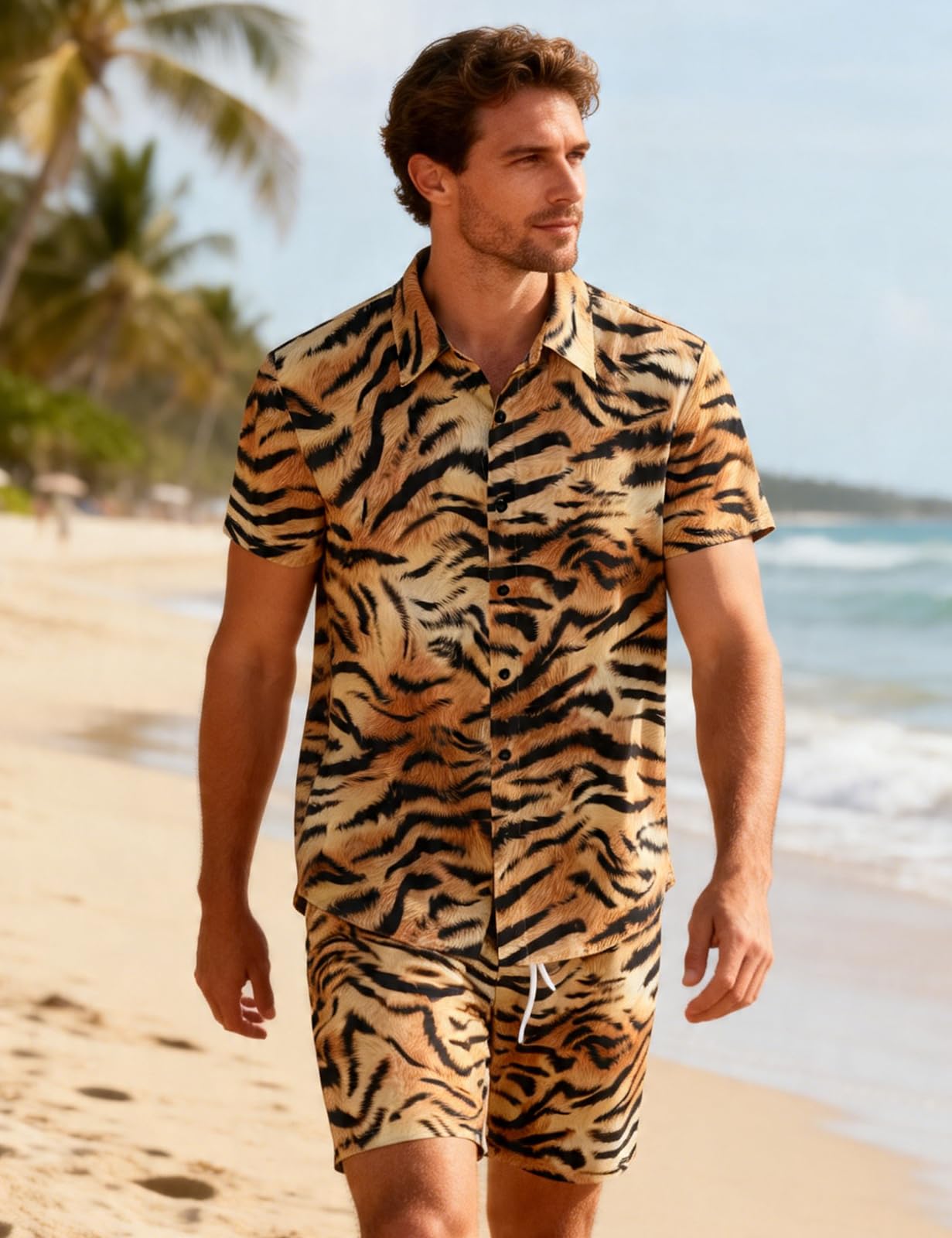 Camicia e Pantaloncini Set Stampa Animale Uomo Maniche Lunghe Camicie Casual