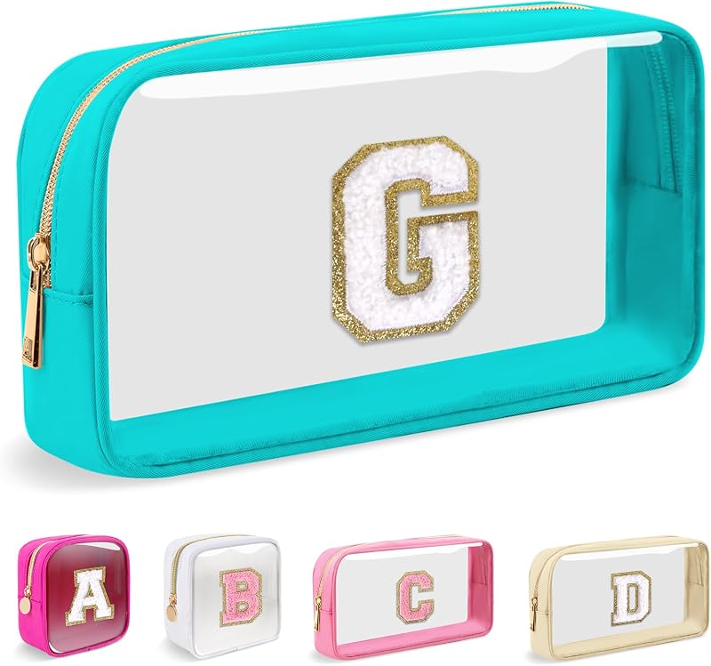 Necessaire transparente Iqimott com inicial G, nylon e PVC, zíper, Cyan-White G, 20,07 x 12,95 x 5,84 cm