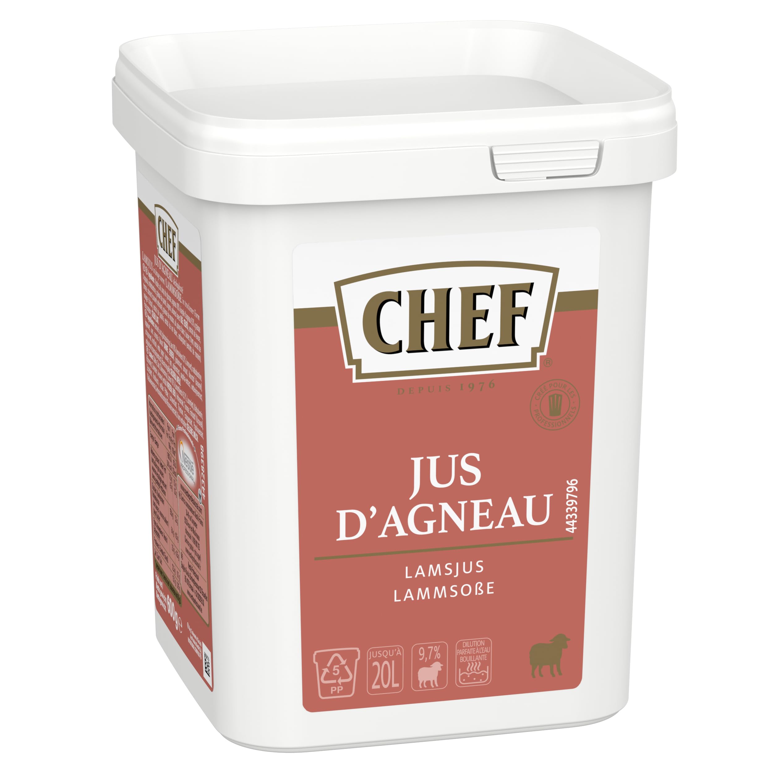 CHEF Jus d'Agneau Déshydraté - A Base de 9% de Viande d'Agneau - Gain de Temps en Cuisine - Aide Culinaire, Sauce, Fonds, Fumet - Boîte De 600g pour 10L à 20L