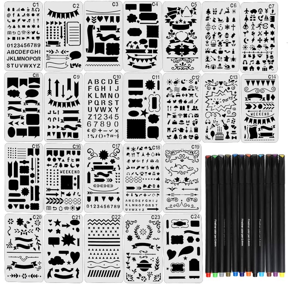 JPSOR Stencil Supplies, 24 Painting Stencils and 12 Colored Fineliner Pens，DIY Drawing Templates Plastic Planner Stencils for Journal, Notebook, Diary, Scrapbook