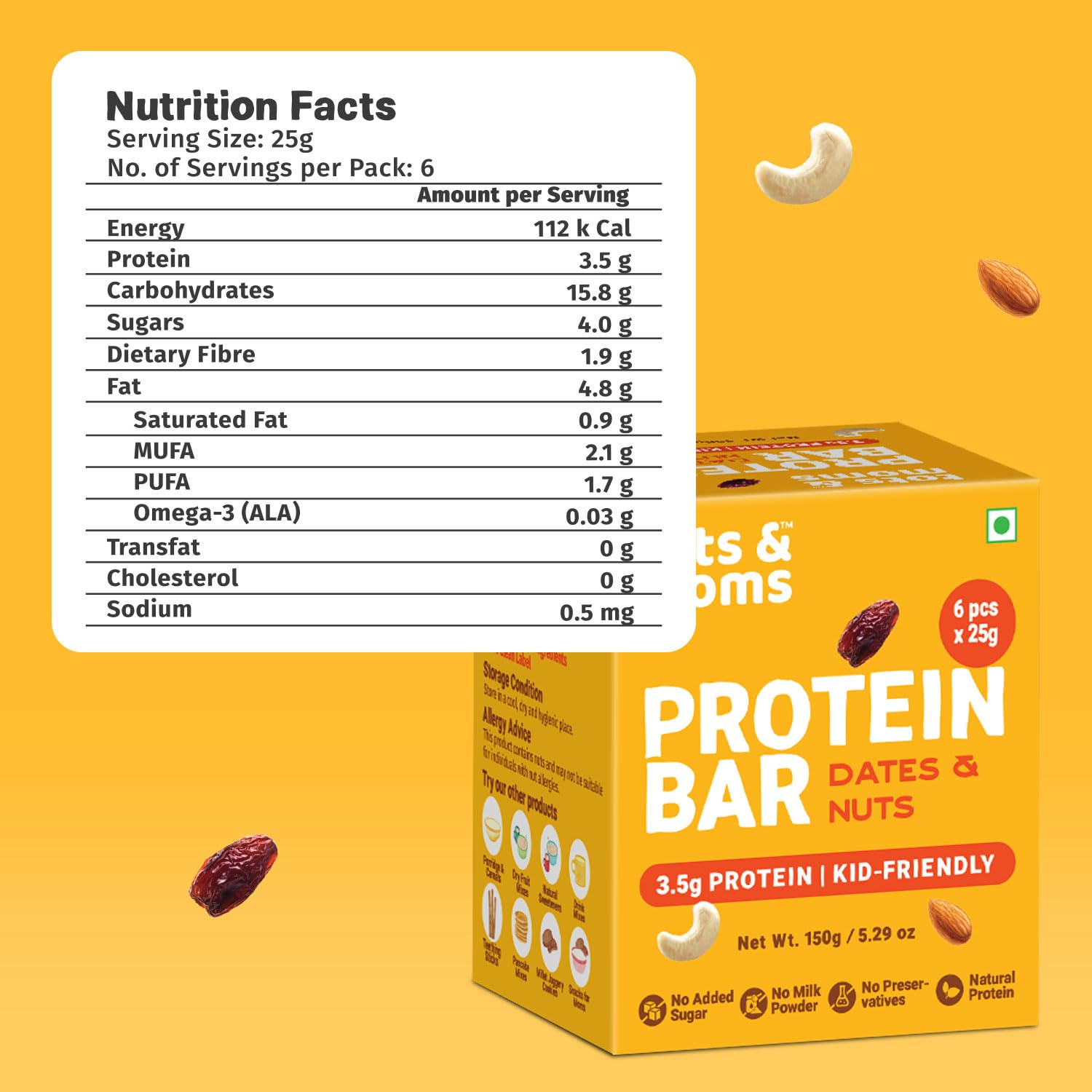 Tots & Moms Natural Protein Bars for kids - Dates, Nuts & Cranberries, Pack of 2 | 3.5g Protein per Bar | Rich in Fiber | Sweetened with Dates | (25g X 6) 150g - Each — Amazon image 8