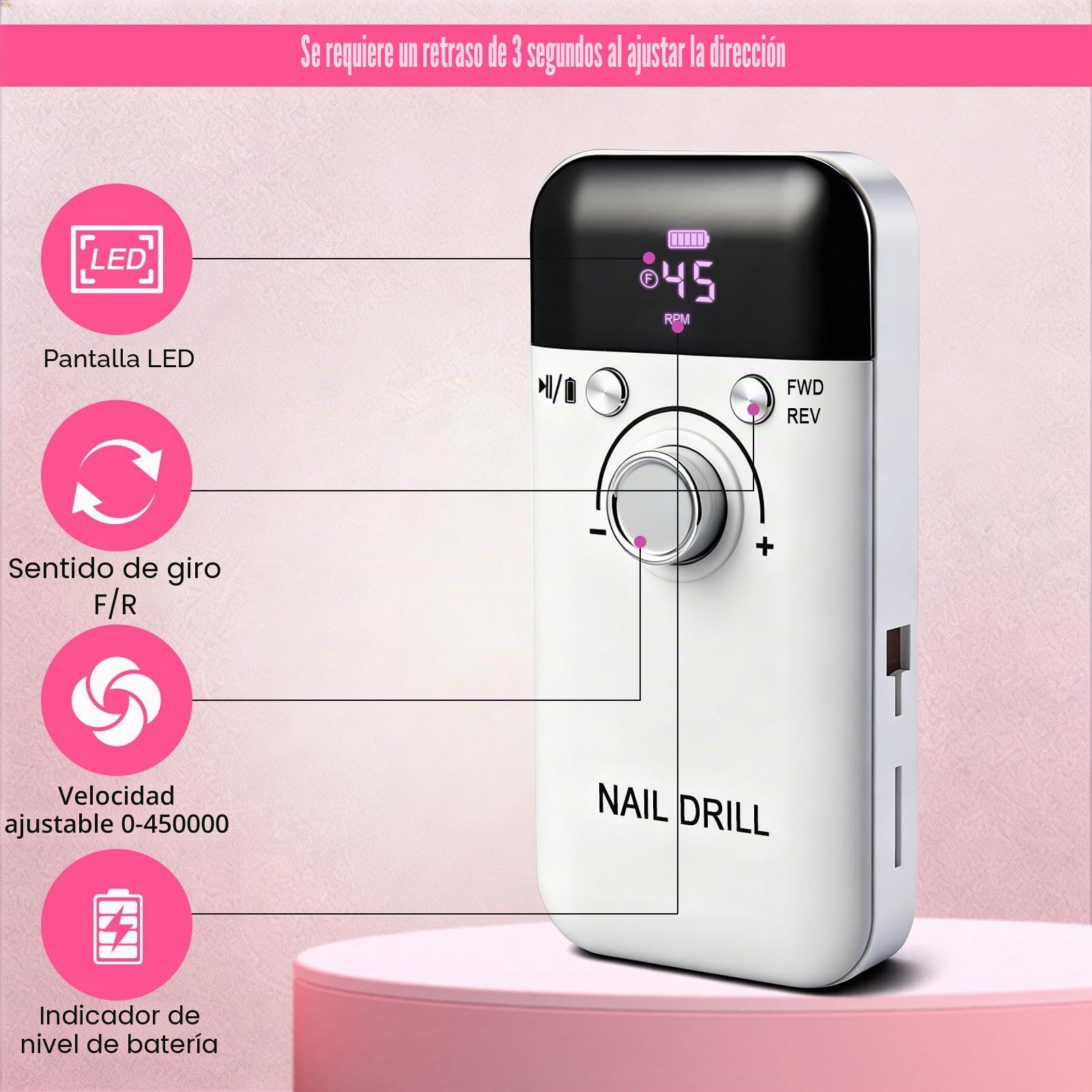 Torno para Uñas Profesional 45000 RPM, Pulidoras de uñas Portatil Velocidad Ajustable para Uñas de Gel y Acrílico, Torno Molinillo de Uñas Eléctrico con Pantalla LCD, 6 Brocas y 50 Bandas