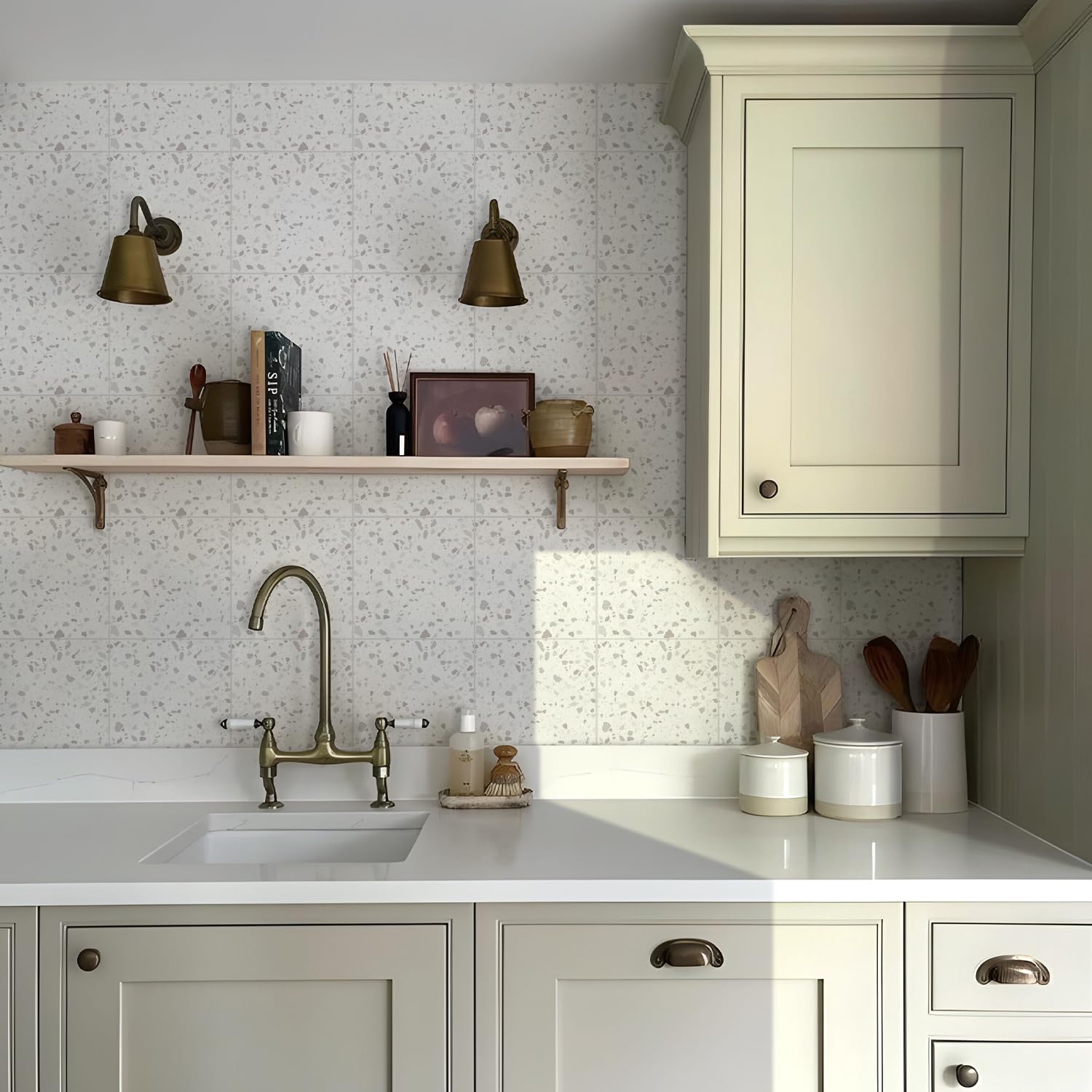 Alwayspon 25PcsX20cm/8inch Tile Sticker, White Terrazzo Self Adhesive Stick on Tiles Transfer Sticker for Bathroom Kitchen, Splashback for Cooker, Peel and Stick Adhesive Vinyl Wall Tiles Sticker