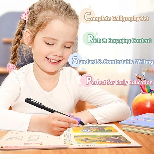 Miniatura 2 de Larcenciel 4 cuadernos de práctica mágica, libros de escritura ranurados para niños con bolígrafo, libro de caligrafía reutilizable para