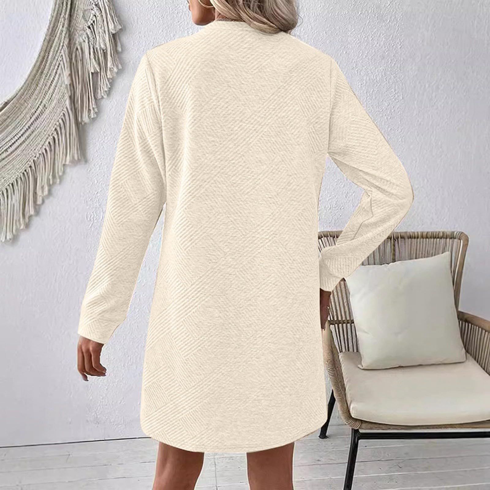 Damska bluza z długim rękawem, teksturowana sukienka z wycięciem pod szyją, tunika, moda jesienna, długi sweter(Beige,L)