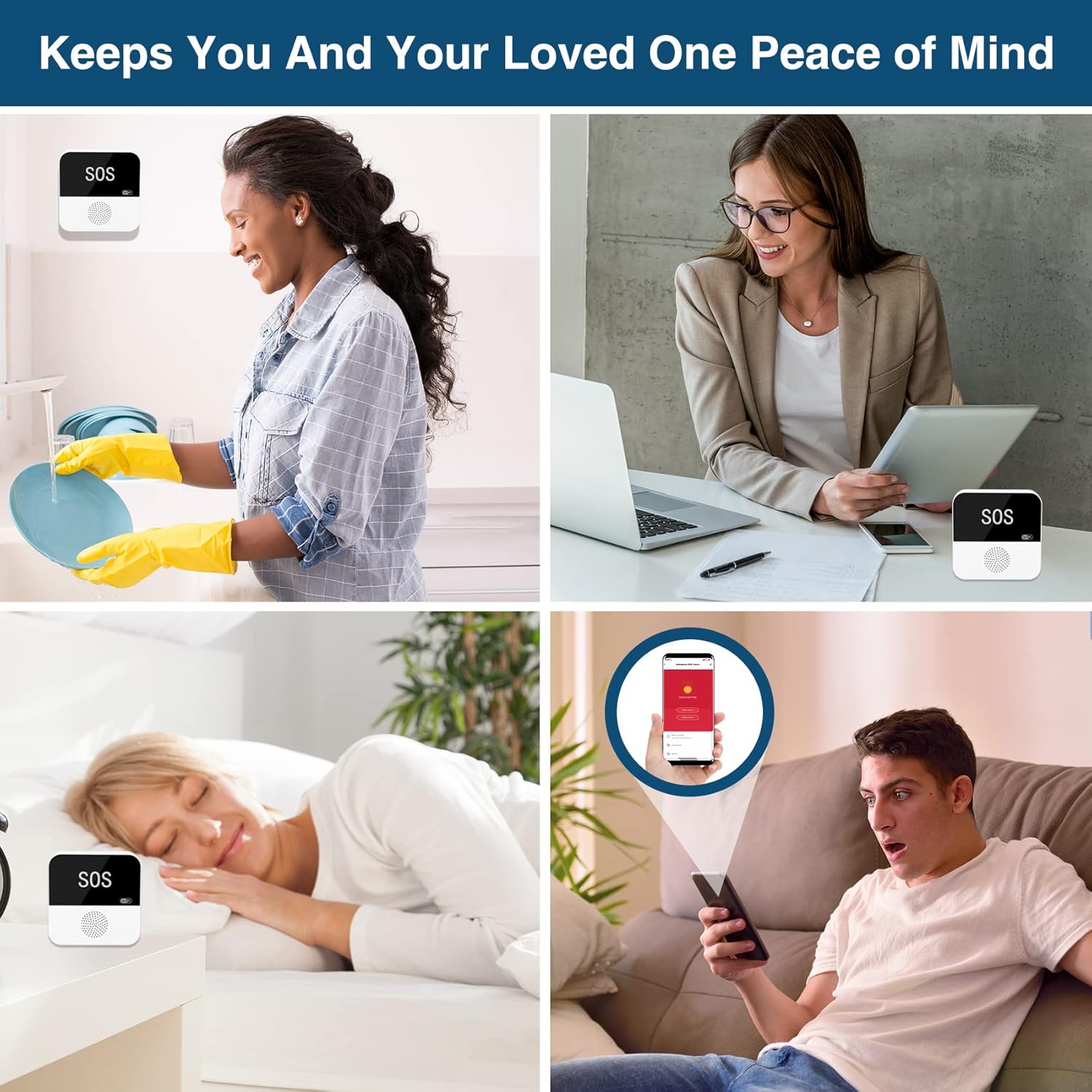 A hand holding a smartphone displaying the app's settings for the hub, including options for receiver volume, alarm light switch, brightness, sound duration, and time delay.