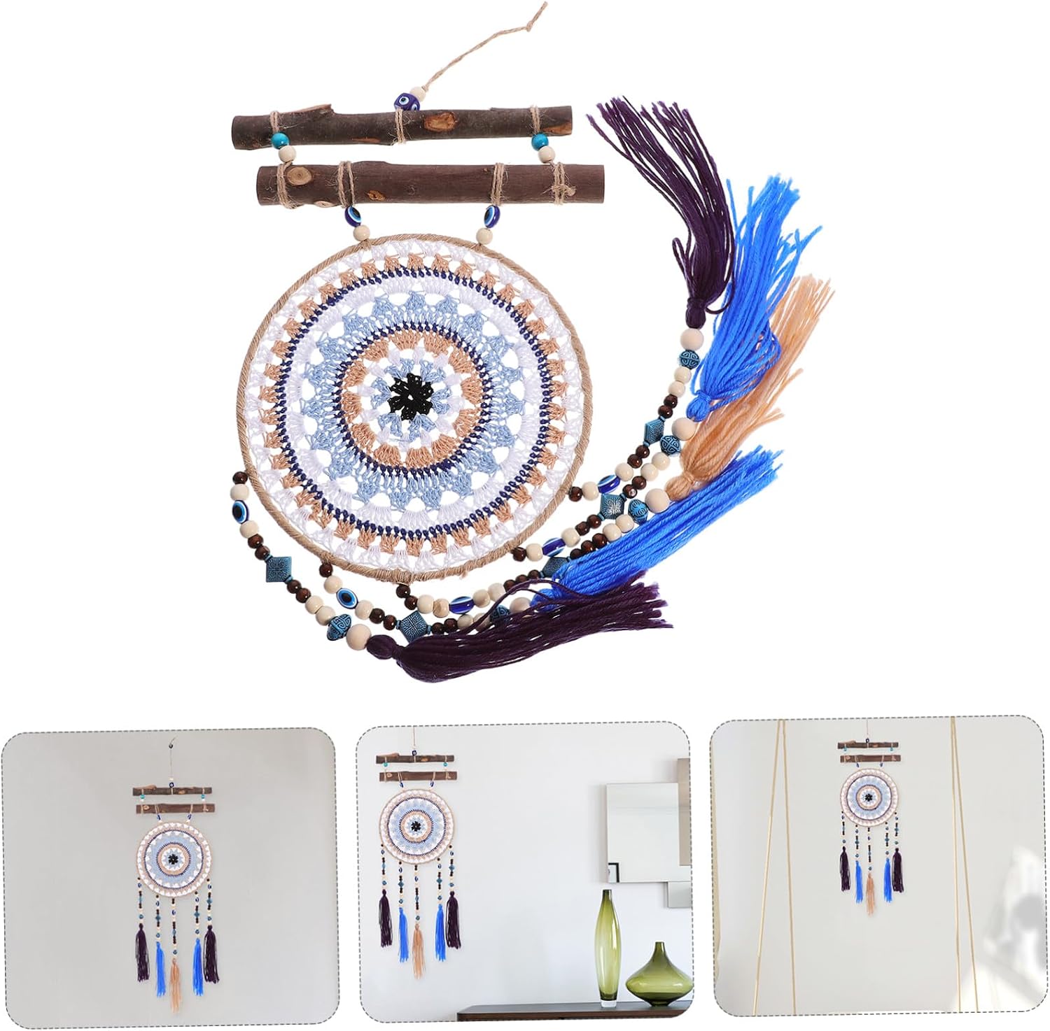 Bohemian Handmade Dream Catcher Pendant with Evil Eye Macrame Tassel Decorative Hanging Wall Decor for Bedroom Protection