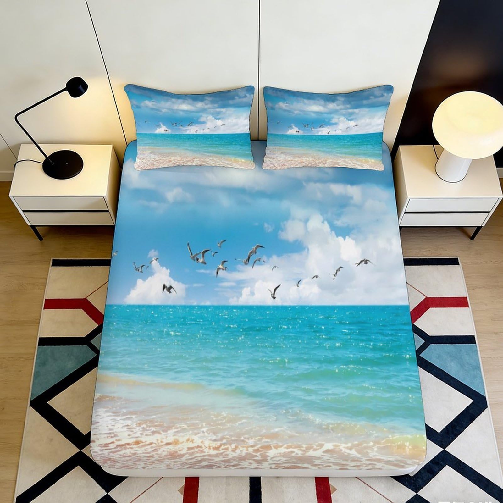 Pnayamiorkfel Style-7 3D Printed Ocean Beach Fitted Sheet Microfiber Seaside Sky Mattress Cover For Bedroom Guest Room Easy Care Decor 90X200x25cm