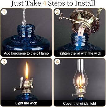2 Pcs Chamber Oil Lamps for Indoor Vintage Kerosene Lamp Rustic Hurricane Kerosene Lantern with Adjustable Fire Wick Lighting Oil Lantern for Tabletop Decor and Emergency Lighting (Blue)