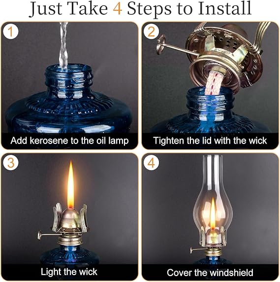 2 Pcs Chamber Oil Lamps for Indoor Vintage Kerosene Lamp Rustic Hurricane Kerosene Lantern with Adjustable Fire Wick Lighting Oil Lantern for Tabletop Decor and Emergency Lighting (Blue)