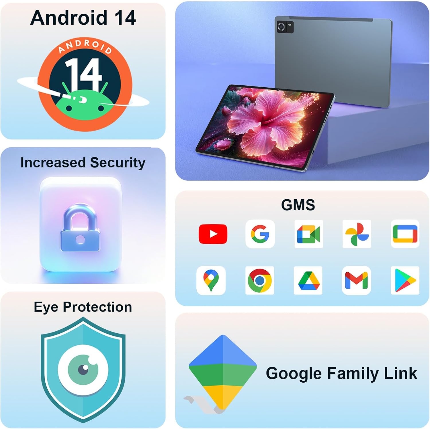 Visual representation of Android 14, increased security, GMS certification, eye protection, and Google Family Link.