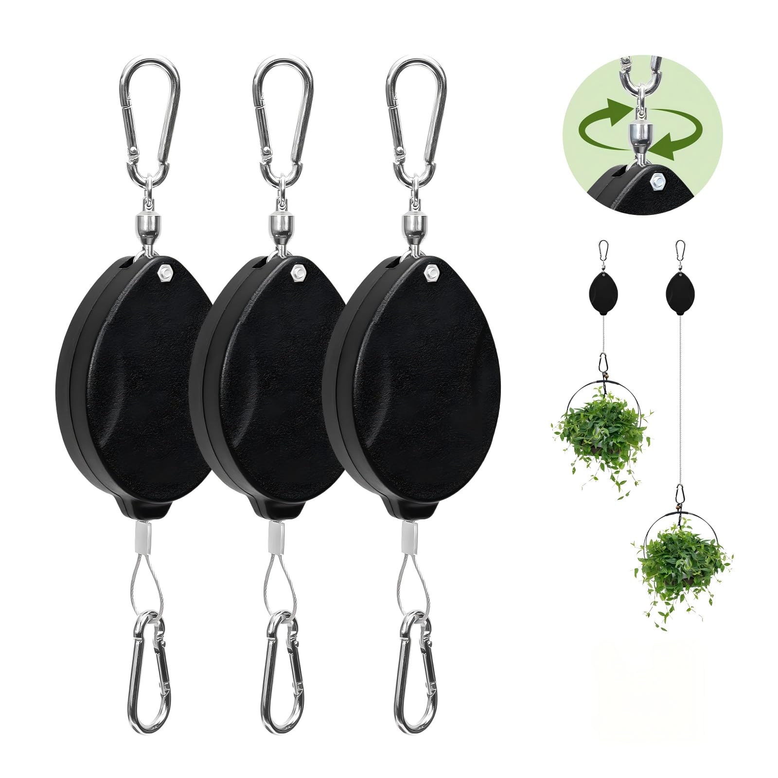 Bamworld 3 Pezzi Appendi Piante Retrattile Aggiornato, Sistema a Carrucola Auto-Bloccante per Appendere Vasi, Mangiatoie per Uccelli e Cestini da Giardino, Fino a 15kg