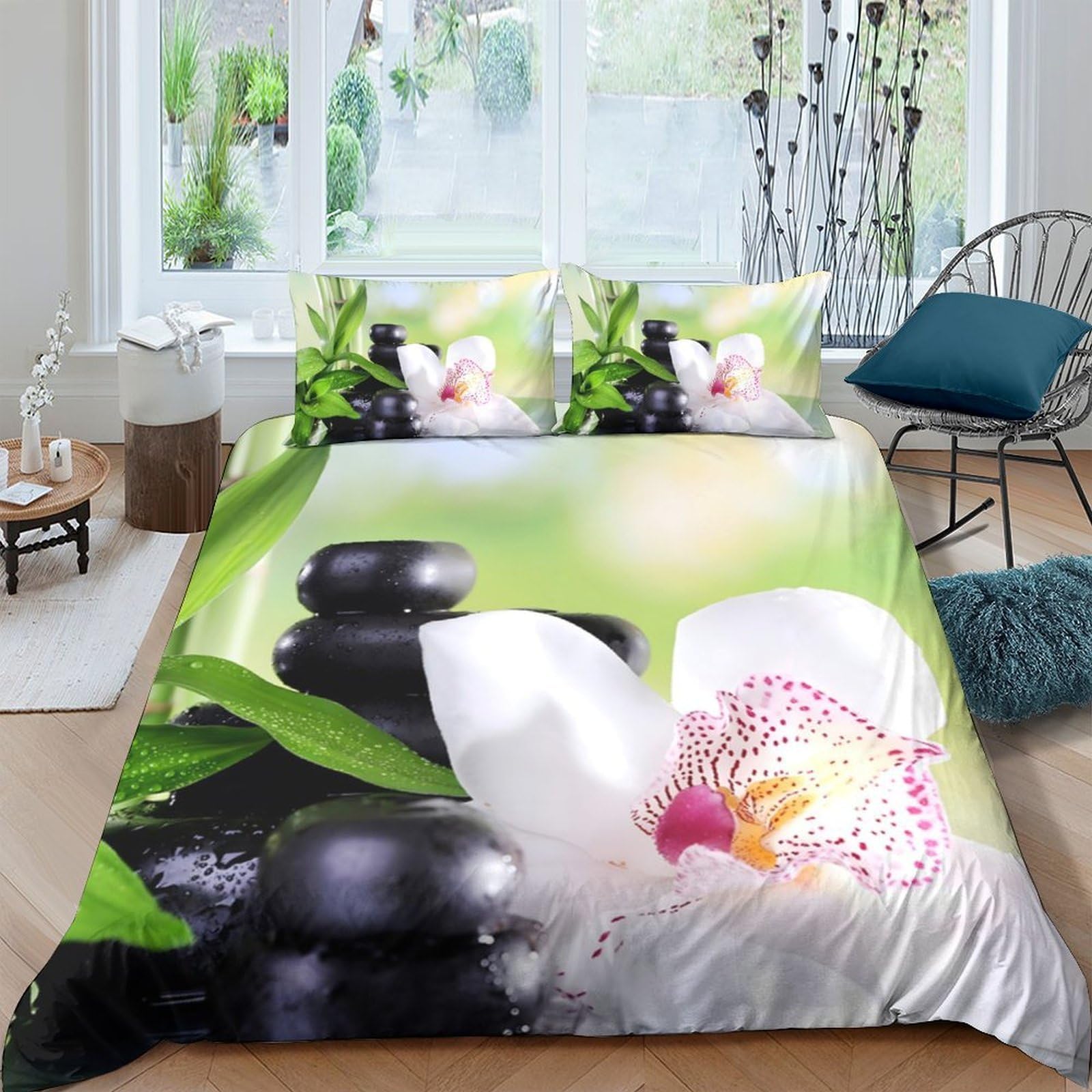 Ctjqhvkz Style-2 3D Printed Zen Stone Orchid Fitted Sheet Microfiber Soft Green Floral Mattress Cover For Bedroom Guest Room Decor Single（135X200cm）