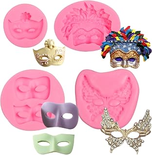 Masquerade Mask Silicone Fondant Molds 4 Pcs, Mask Mardi Gras Candy Chocolate Mold for Cake Decoration Cupcake Topper Cake Pop Popsicle Birthday Party Polymer Clay Crafts