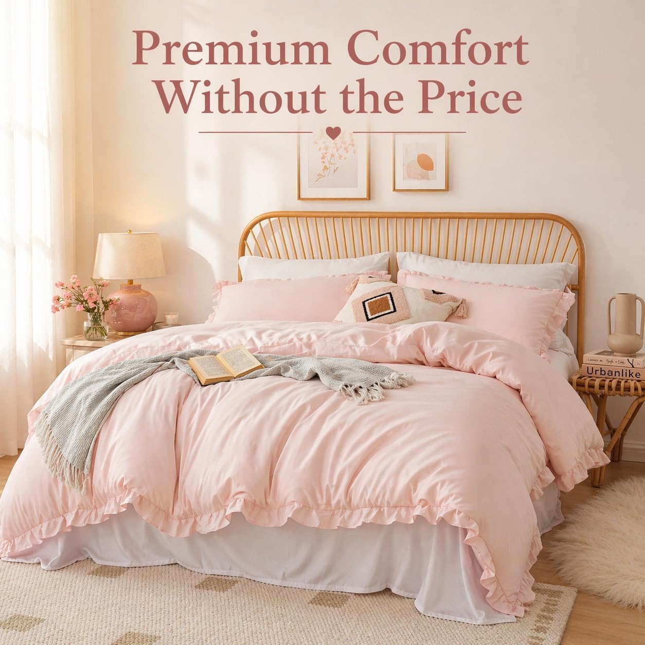 JANZAA Full Size Comforter Pink Comforter Set 3PCS 1 Ruffled Comforter Set and 2 Pillow Cases Blush Pink Bed Set Vintage Farmhouse Shabby Chic Bedding Soft All Season