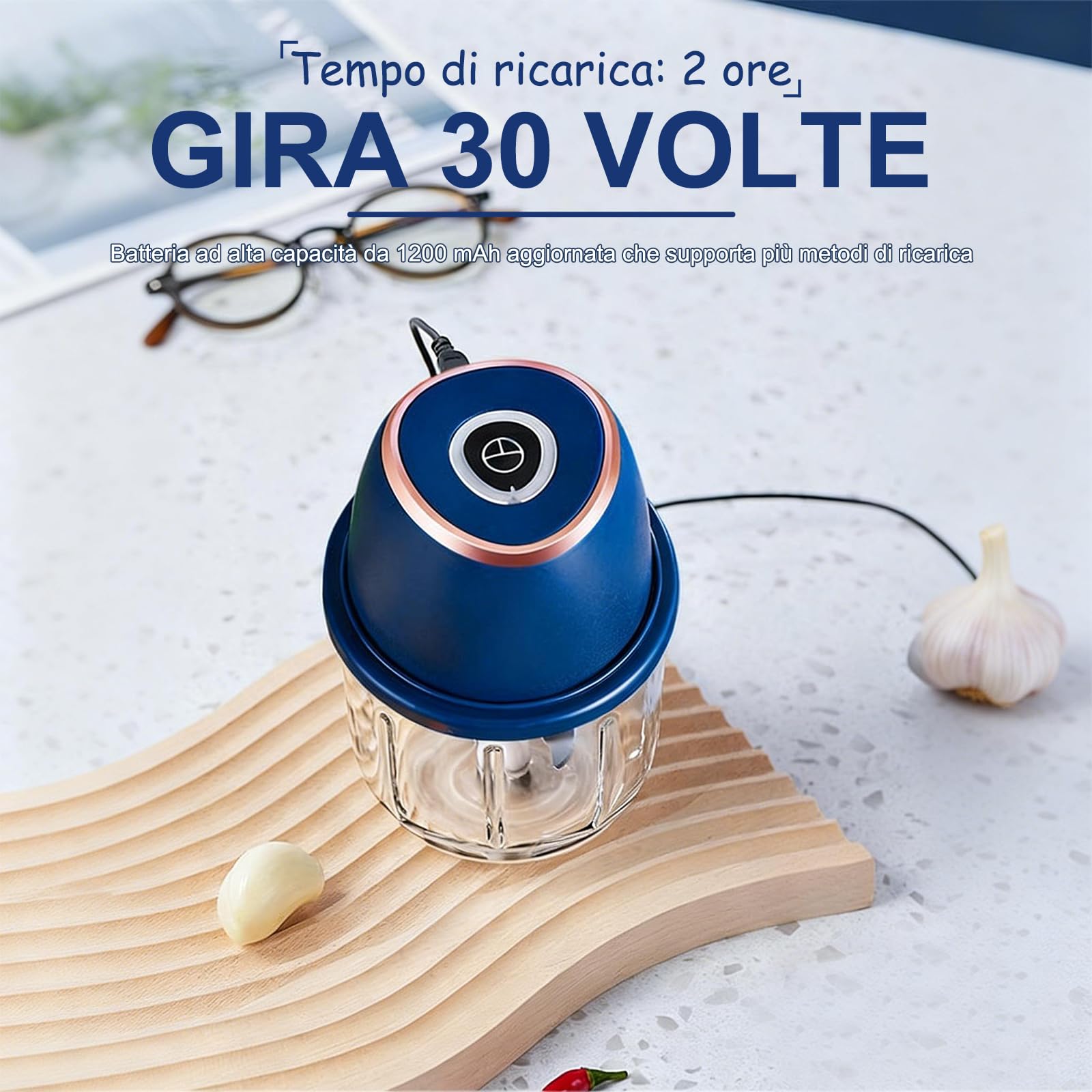 Tritatutto cipolla, tritatutto cucina, 350 ml, 6 lame in acciaio inox, con cavo di ricarica di tipo C per la cucina domestica e per le gite in campeggio, adatto per tritare carne, cipolle, peperoni