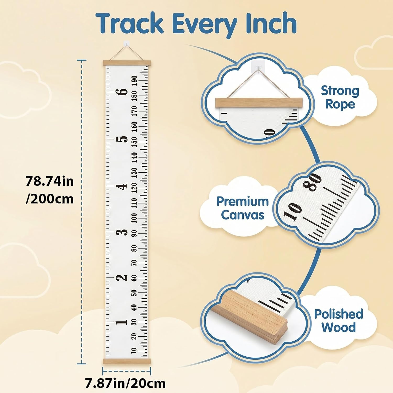 7.87x78.74 Inch Kids Growth Chart, Removable Canvas and Wood Wall Ruler for Accurate Child Height Measurement and Nursery Bedroom Playroom Decor