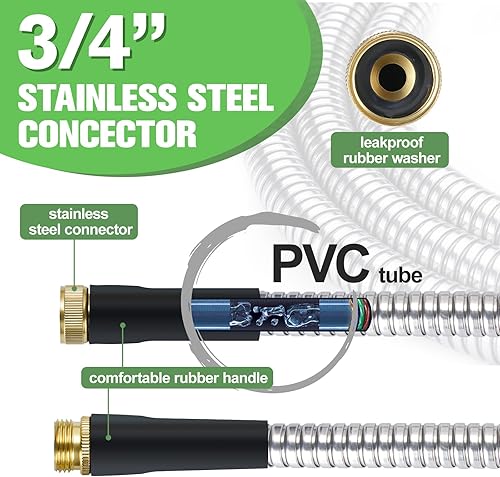 Miniatura 3 de Manguera de jardín de acero inoxidable de 100 pies, manguera de agua flexible súper resistente con accesorios de latón y boquilla rociadora, sin