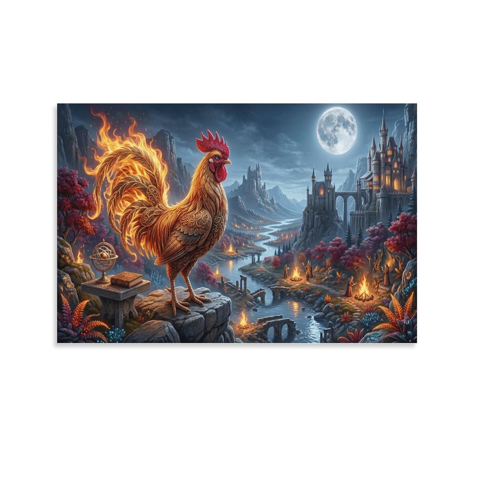 XPASHIQWC Flame Rooster Wall Decor Poster Moonlit Castle Giclee Canvas Prints Modern Wall Art Picture Wall Hanging for Dining Room Kitchen Home Office Decor 24x36inch(60x90cm)