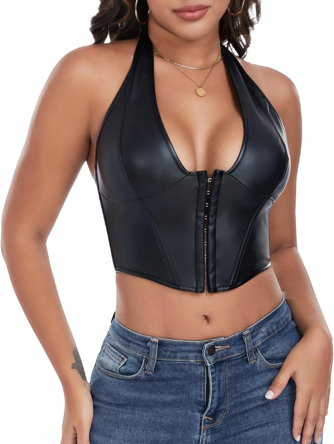 FEOYA Womens Pu Leather Halter Neck Tops Lace Up Backless Corset Bustier Sexy Y2K Going Out Party Vest Clubwear
