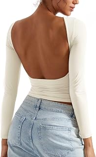 SUUKSESS Women's Backless Long Sleeve Top - Double Lined Buttery Soft Open Back Going Out Tee Y2K Style