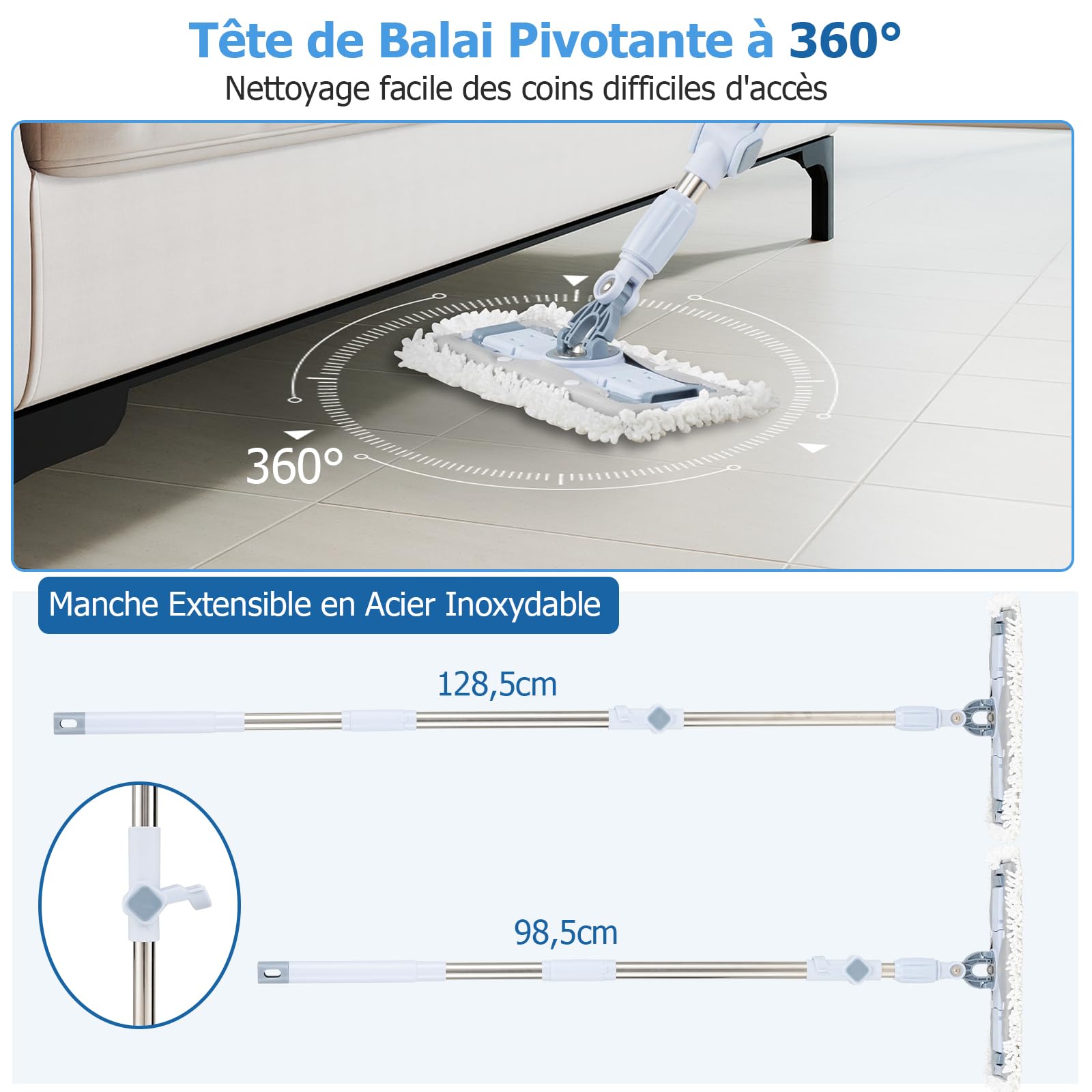 COSTWAY Ensemble Serpillère et Seau, Lavage Mains Libres avec Double Seau, Serpillère Rectangulaire & Serpillère Ronde, 2 Tampons, Serpillère de Nettoyage en Profondeur à 360° pour Sols, Murs, Maison