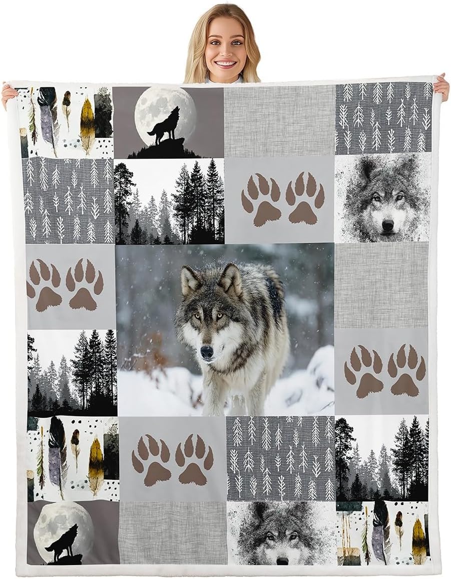 Wolf Kids Throw Blanket,Wolf Paws Print Pine Trees Wild Adventure Bed Blanket for Boys Girls Adults,Geometric Plaids Patchwork Fleece Blanket,Rustic Fuzzy Blanket,Queen Size (90 x 90 Inches)