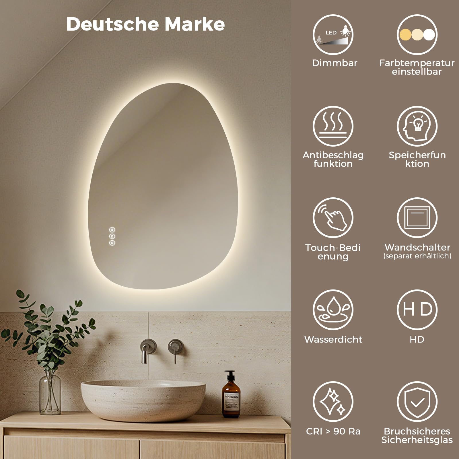 S'AFIELINA badspiegel asymmetrisch mit Beleuchtung 75x55, LED Badezimmerspiegel Dimmbar, Anti-Beschlag, 3 Lichtfarben, Organischer Wandspiegel für Bad Flur Gäste-WC, IP44, Memory, Horizontal/Vertikal