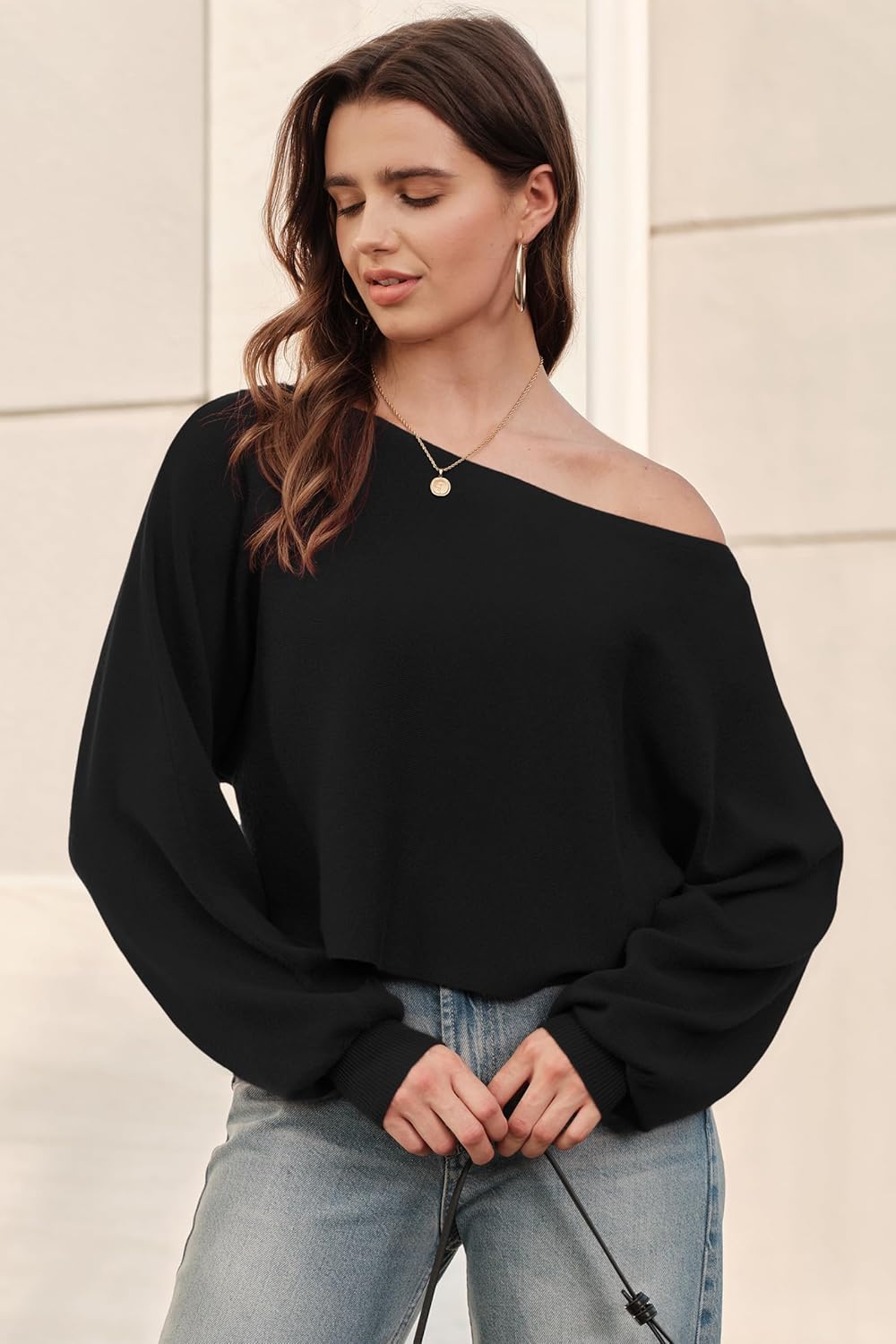 Newshows Women's 2025 Fall Wool Blend Cropped Sweaters Boat Neck Off Shoulder Cute Casual Tops - Image 3
