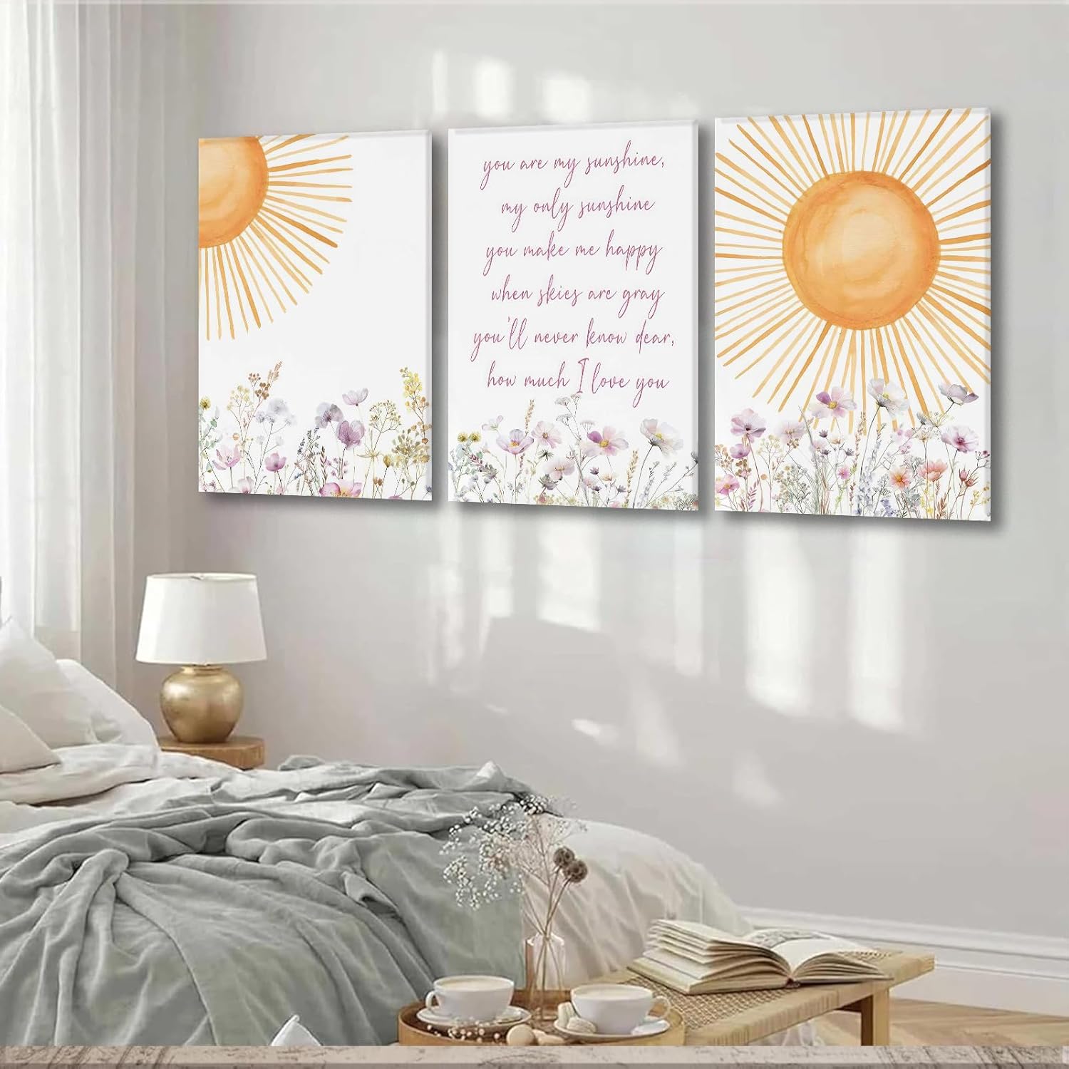 3Pcs Wildflower Nursery Canvas Wall Art Pieces You Are My Sunshine Quote Posters Prints Boho Sun Paintings for Neutral Nursery Girls Room Decor12x16in Frame