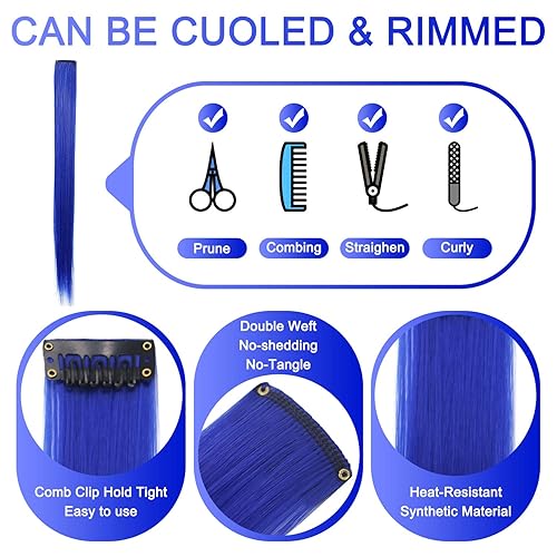 Miniatura 4 de Extensiones de cabello sintético lacio de 20 pulgadas, con reflejos para fiestas, color azul, con reflejos, en varios colores, 12 unidades (azul)