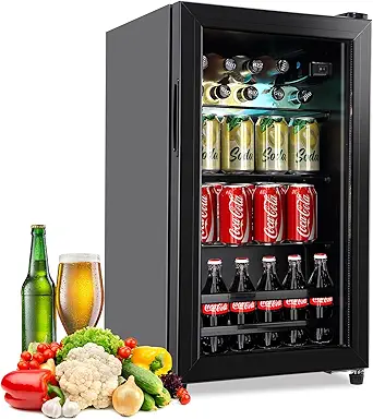 FLB-60 Refrigerator Cooler-120 Can Freestanding Beverage Cooler with Glass Door-Small Drink Dispenser Machine for Office or Bar with Adjustable Removable Shelves, Black