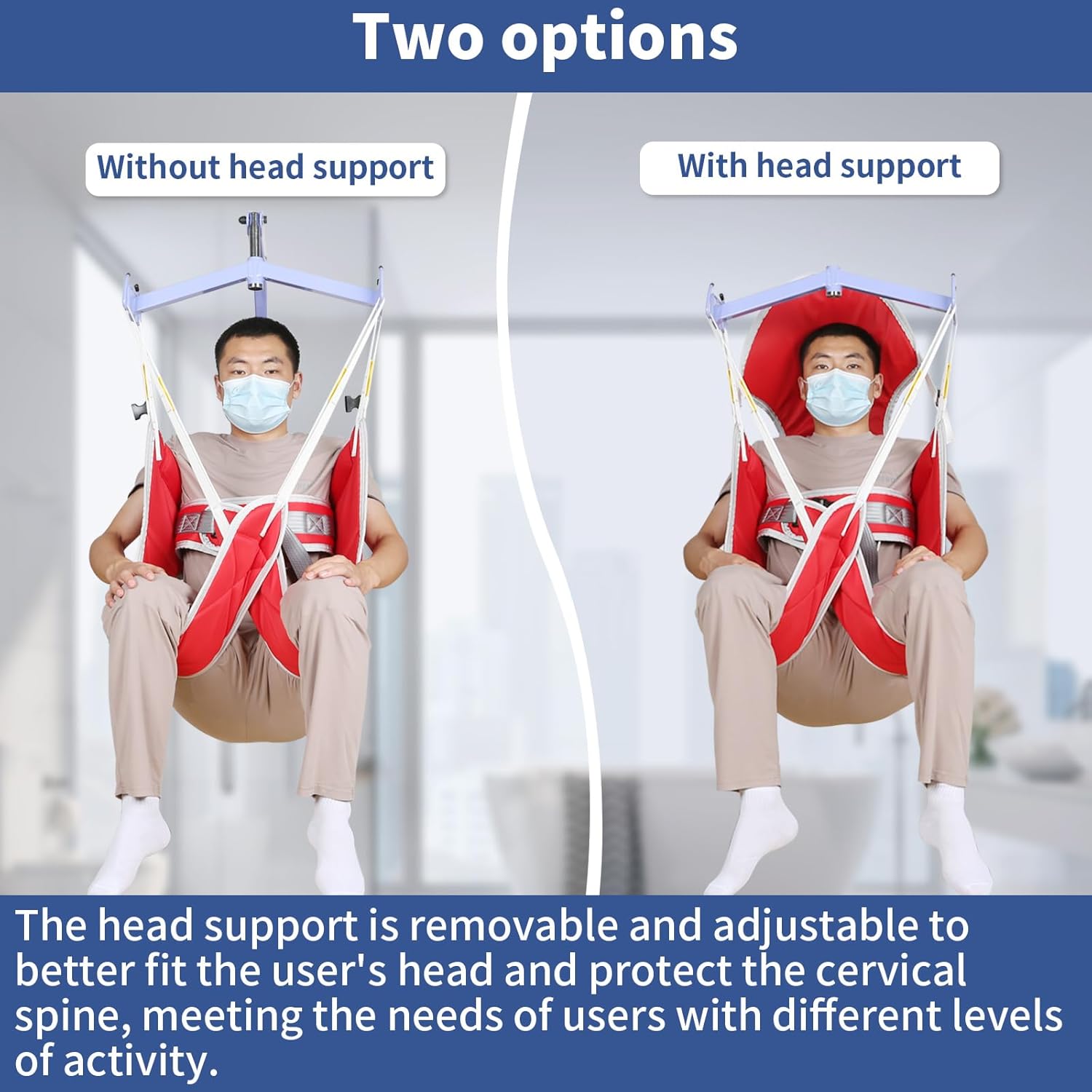 EZ Assistive Patient Lift Sling, Medical Commode Patient Lift Aid Transfer Sling for Elderly Shower Bath, Patient Lifts for Home use,Divided Toileting Sling, 500lbs (Large-Sling&Head Support)